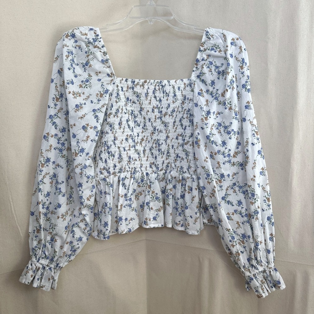 DIZZY lizzy Square Neck Floral Smocked Peplum Top Sz S‎ White L/S Peasant Boho - Picture 4 of 10